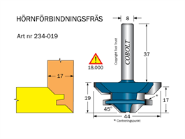 Hörnförbindningsfräs 45° L=19 D=44 S=8