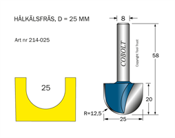 Hålkälsfräs R=12.5 D=25 L=20 TL=58 S=8