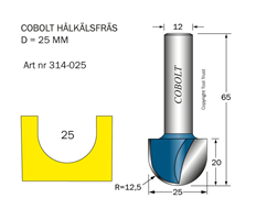 Hålkälsfräs R=12.5 D=25 L=20 TL=65 S=12