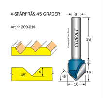 V-spårfräs 45° D=16 L=8 S=8