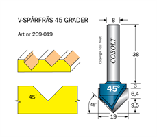 V-spårfräs 45° D=19 L=9.5 S=8