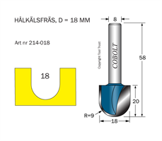 Hålkälsfräs R=9 D=18 L=20 TL=58 S=8