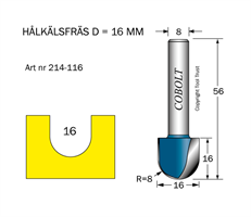 Hålkälsfräs R=8 D=16 L=16 TL=56 S=8