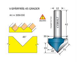 V-spårfräs 45° L=15 F=21 D=30 S=12