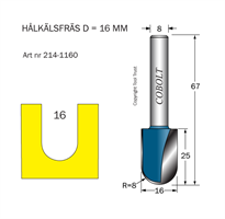 Hålkälsfräs R=8 D=16 L=25 TL=67 S=8