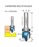 Mallfräs V-spår 45° D=16 L=8 S=8