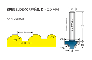 Dekorfräs D1=20 D2=8 R=6 L=10 S=8