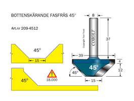 Fasfräs 45° L=12 D1=39 D2=15 S=8