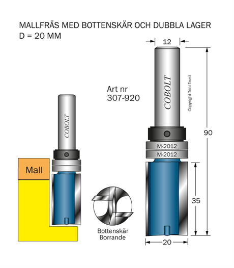 Borrande mallfräs med dubbla styrlager D=20 S=12