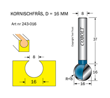 Kornischfräs R=8 D=16 L=16 S=8