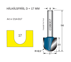 Hålkälsfräs R=8.5 D=17 L=20 TL=58 S=8