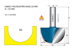 Hålkälsfräs R=25 D=50 L=33 TL=75 S=12