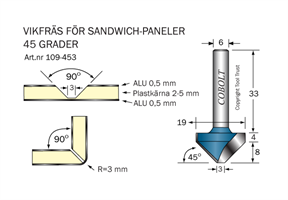 V-spårfräs 45° D1=19 D2=3 L=8 S=6