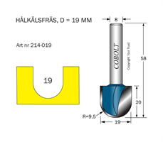 Hålkälsfräs R=9.5 D=19 L=20 TL=58 S=8