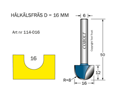 Hålkälsfräs R=8 D=16 L=12 TL=50 S=6