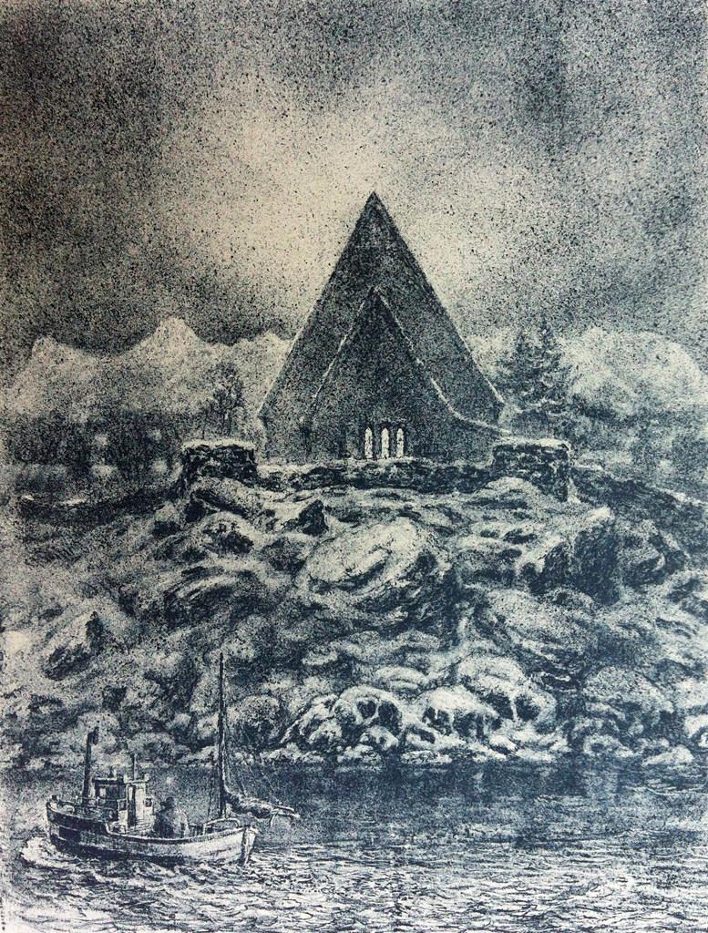 "Trondenes Kirke", litografi 54,5 x 41,5 cm.