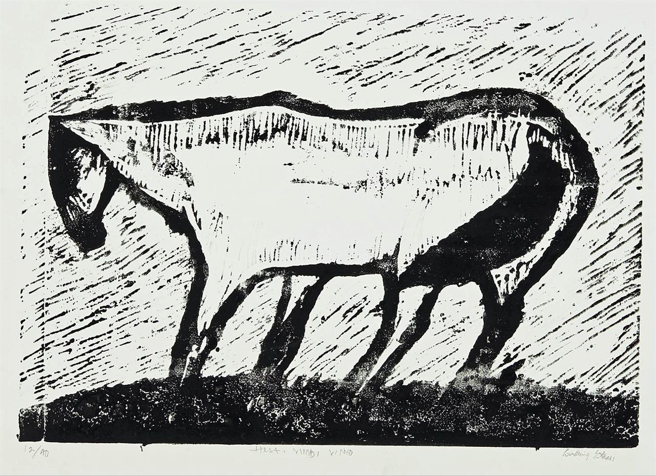 "Hest i vind" tresnitt 1953, 12/40, 47 x 68 cm.