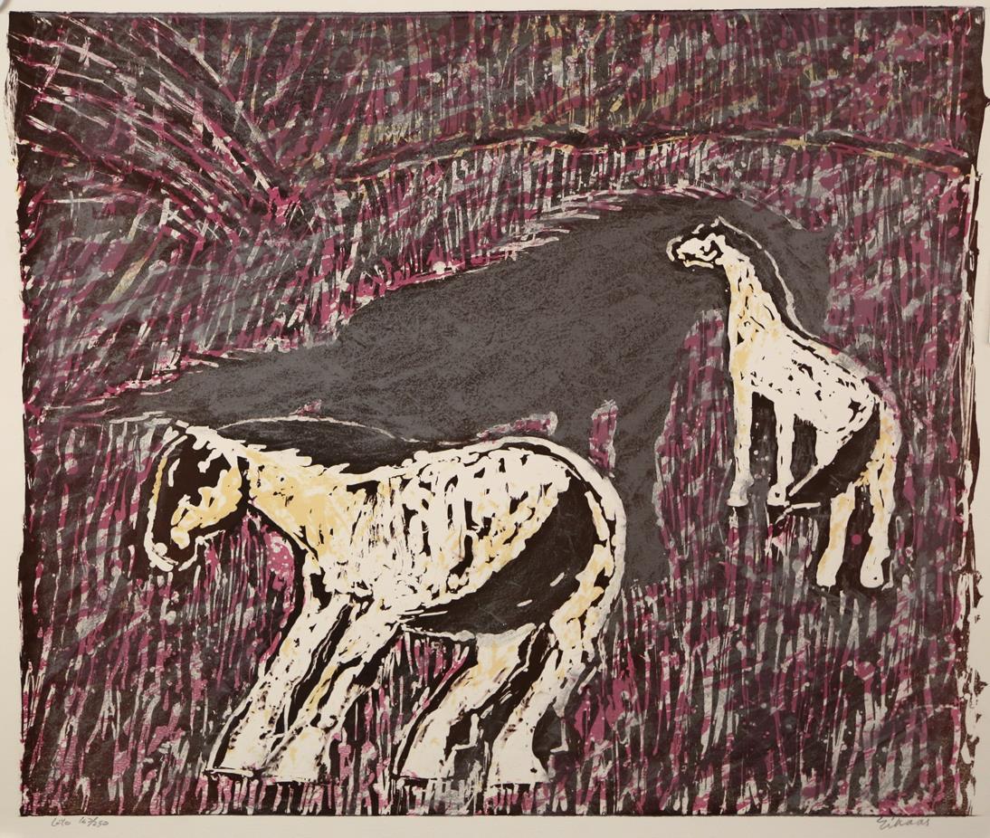 "Hester i vind", litografi 163/250, 53 x 64 cm.
