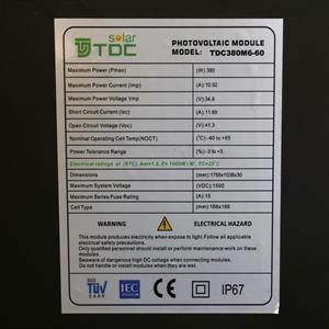 380 Watt mono Solcellepanel 176x104cm TDC solar