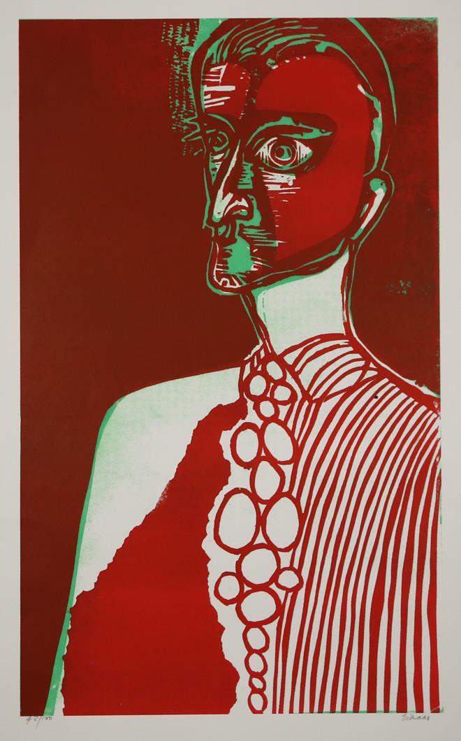 "Selvportrett med slips", offset litografi 48/100, 65 x 39 cm.