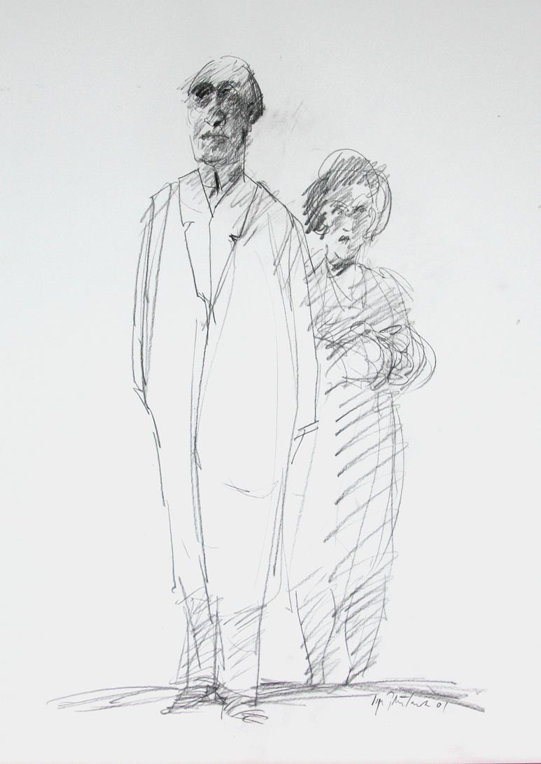 "Heftig samtale", kullstift-tegning, 58 x 38 cm.