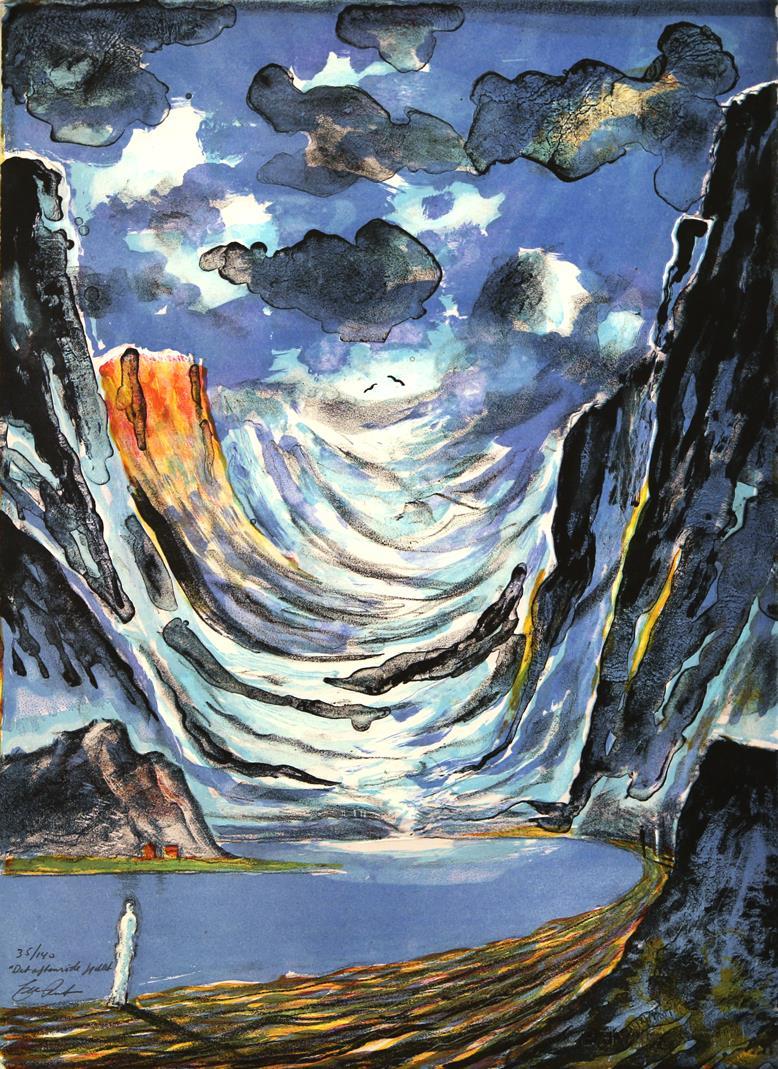 Det aftenrøde fjellet, litografi 61 x 44,5 cm.