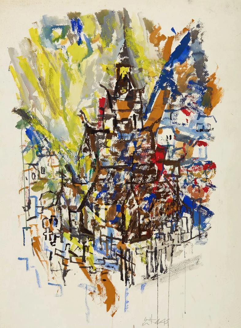 "Stavkirke", akvarell, 73 x 50 cm.