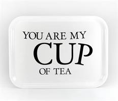 Bricka 27x20 cm, Cup of tea, vit/svart text