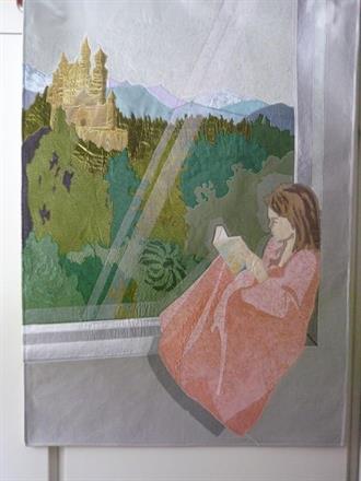 Flicka i fönster, applikation med fritt broderi, 64x90 cm