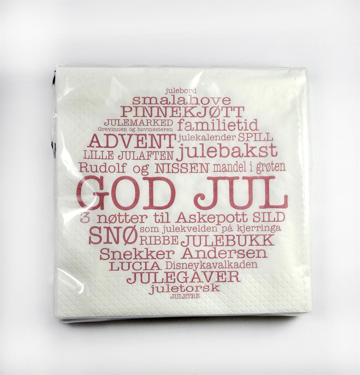 Servetter, God Jul norsk, vit/röd text, 25-p