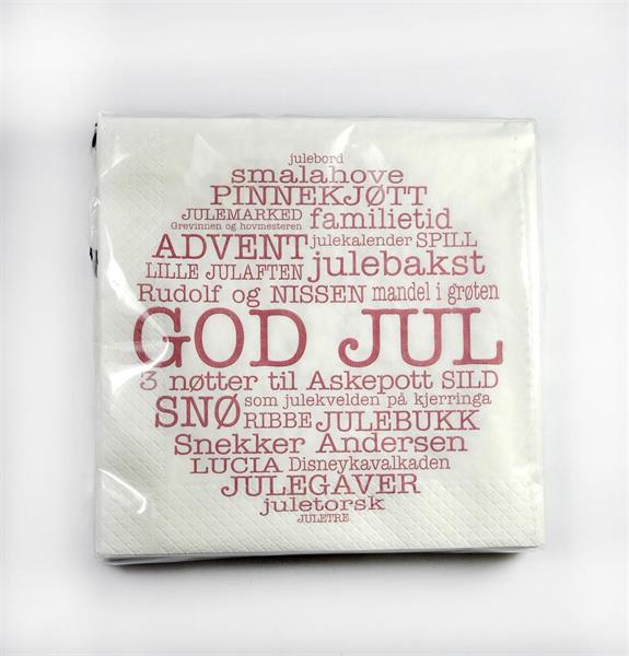 Servetter, God Jul norsk, vit/röd text, 25-p