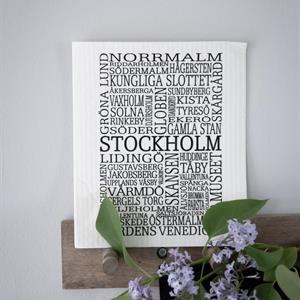 Kökshandduk, Stockholm, svart/vit text