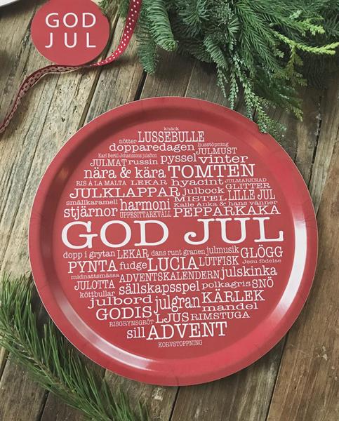 Bricka rund 31 cm, God Jul-ord, röd/vit text