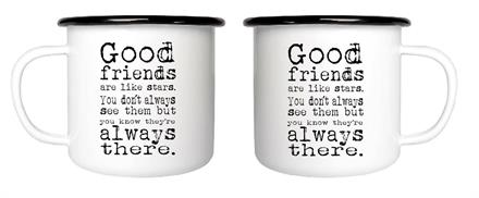 Emaljmugg, Good friends, vit/svart text
