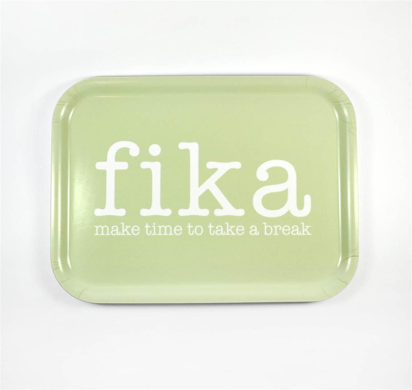 Bricka 27x20 cm, Make time Fika, grön/vit text