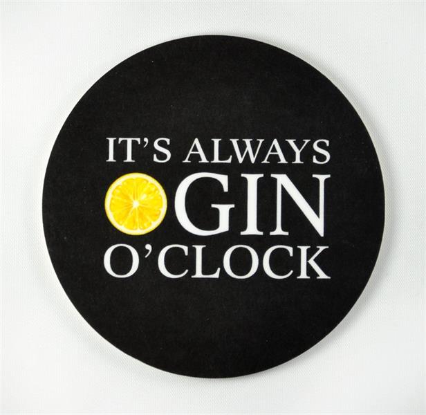 Glasunderlägg 4-p, Gin o'clock, svart/vit-gul text