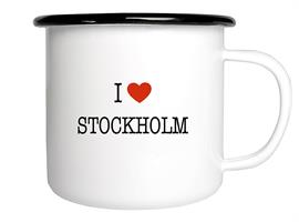 Emaljmugg, I love Stockholm, vit/svart-röd