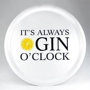 Bricka 27x20 cm, Gin o'clock, svart/vit-gul text