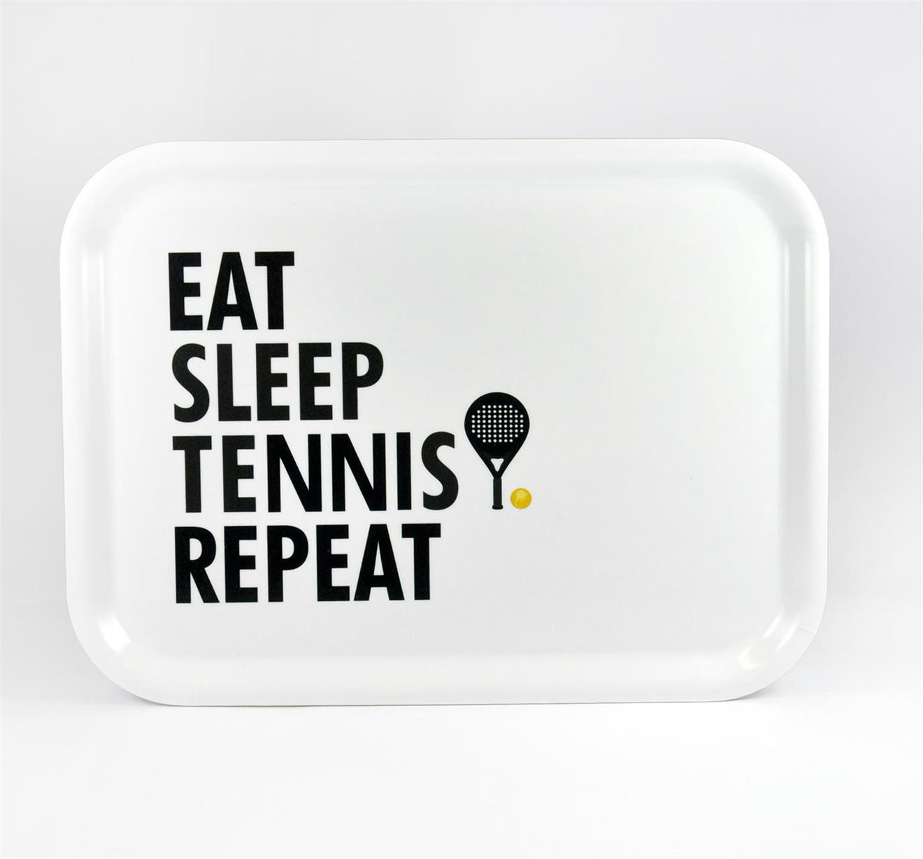 Bricka 27x20 cm, Tennis repeat, vit/svart text