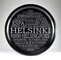 Bricka rund 31 cm, Helsinki, svart/vit text