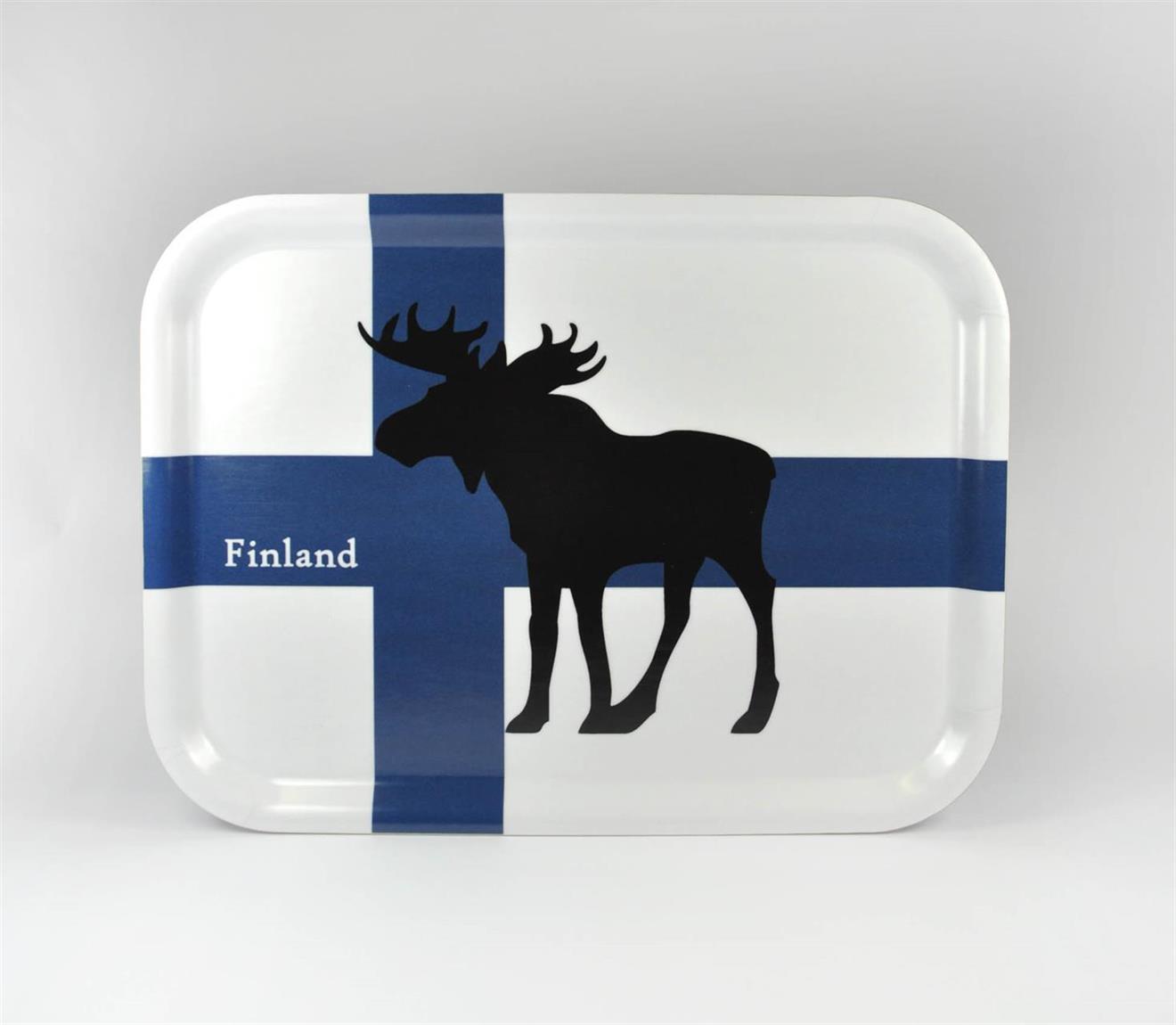 Bricka 27x20 cm, Finnish Moose, blå-vit/svart älg