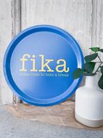 Bricka rund 31 cm, Make time FIKA, blå/gul text