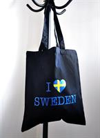 Tygkasse, I love Sweden, svart/blå-gul text