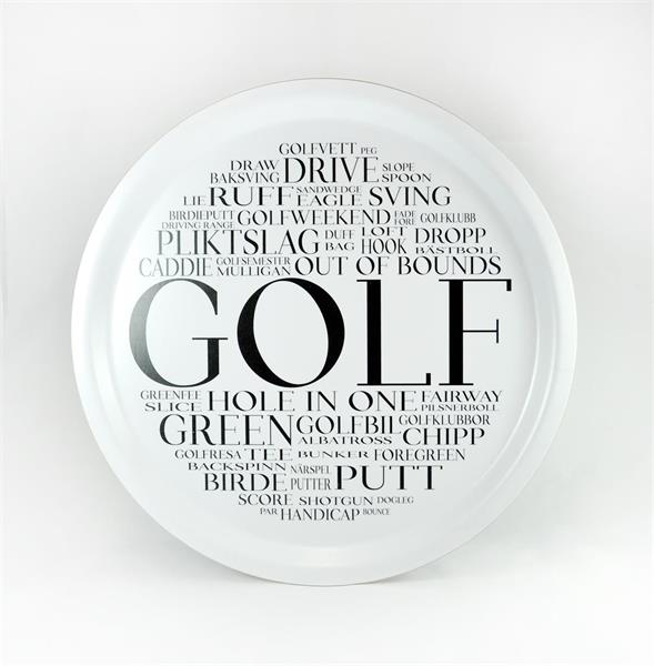 Bricka rund 31 cm, Golf-ord, vit/svart text