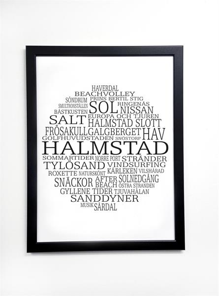 Poster 30x40 cm i ram, Halmstad, vit/svart text
