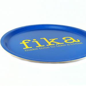 Bricka rund 31 cm, Make time FIKA, blå/gul text