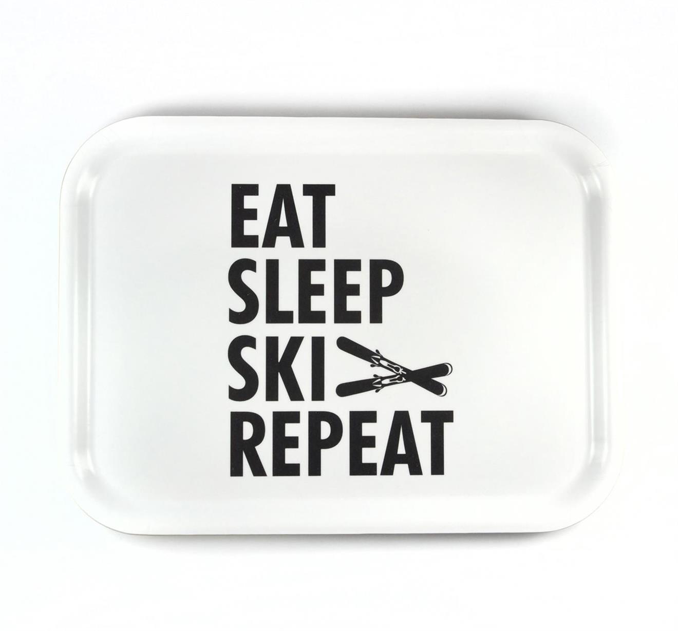 Bricka 27x20 cm, Ski repeat, vit/svart text