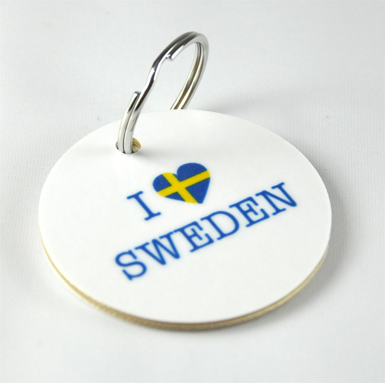 Nyckelring, I love Sweden, vit/blå-gul text