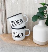 Emaljmugg, Make time Fika, vit/svart text