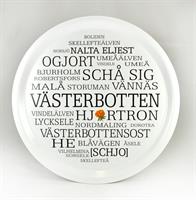 Bricka rund 31 cm, Västerbotten, vit/svart text